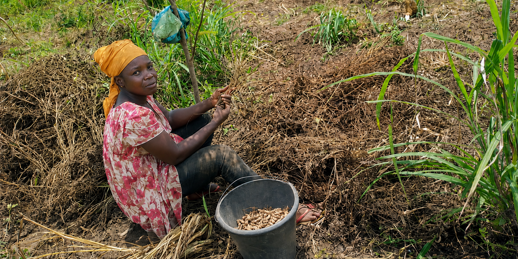 A woman seated in a field with harvested groundnuts
